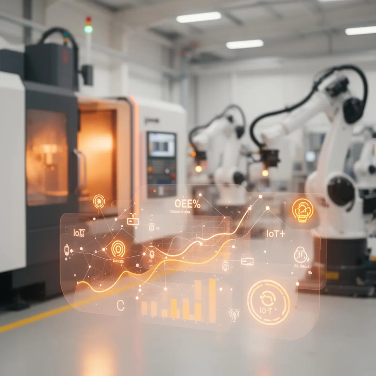 Fábrica inteligente com máquinas CNC e robôs conectados, sobreposta por dashboards de OEE, IoT e produção em tempo real